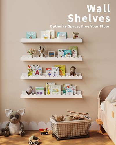 Shario Nursery Book Shelves, 4-Pack White Floating Shelves for Wall Kids, Scalloped Shelves, Wall Book Shelves for Bedroom Kids, Toddler Room, Baby Room, Nursery Decor - Image 4