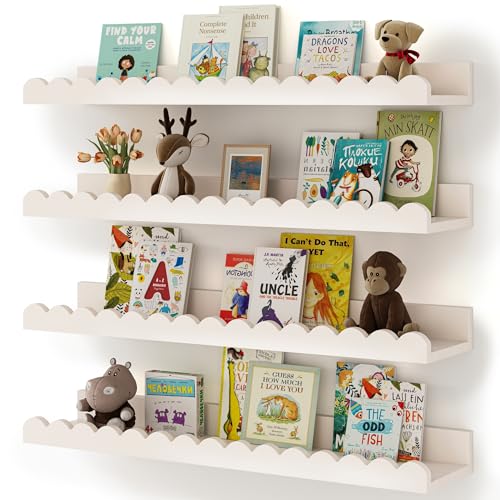 Shario Nursery Book Shelves, 4-Pack White Floating Shelves for Wall Kids, Scalloped Shelves, Wall Book Shelves for Bedroom Kids, Toddler Room, Baby Room, Nursery Decor - Image 1