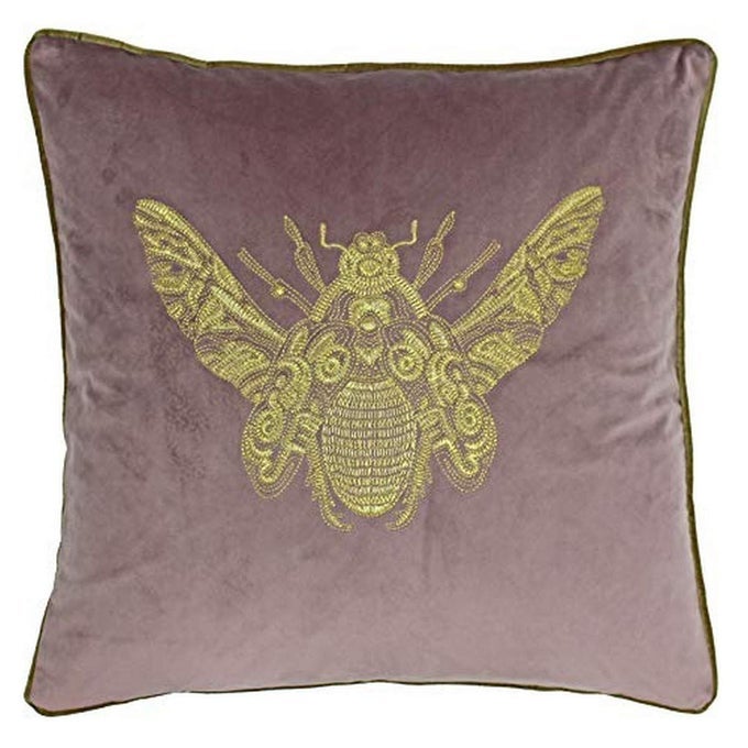 Riva Paoletti Cerana Cushion Cover Dusky Blush Pink Super Soft Velvet Fabric Embroidered Gold Bee Design Gold Piped Edges 100 Polyester 50 x 50cm 20 x 20 inches