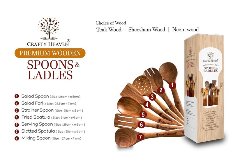 Crafty Heaven Sheesham Wooden Cooking Spoons Durable Elegant Wooden Collection Kitchen Utensils Include Frying Serving Spatula Chapati Rice Spoons Ideal for Gifting Set of 7 - Image 2