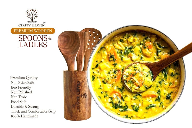 Crafty Heaven Sheesham Wooden Cooking Spoons Durable Elegant Wooden Collection Kitchen Utensils Include Frying Serving Spatula Chapati Rice Spoons Ideal for Gifting Set of 7 - Image 5