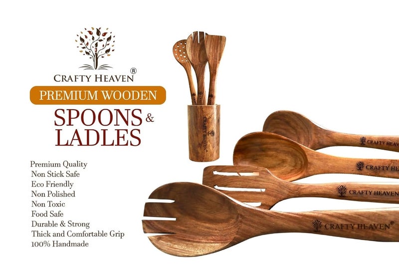 Crafty Heaven Sheesham Wooden Cooking Spoons Durable Elegant Wooden Collection Kitchen Utensils Include Frying Serving Spatula Chapati Rice Spoons Ideal for Gifting Set of 7 - Image 3