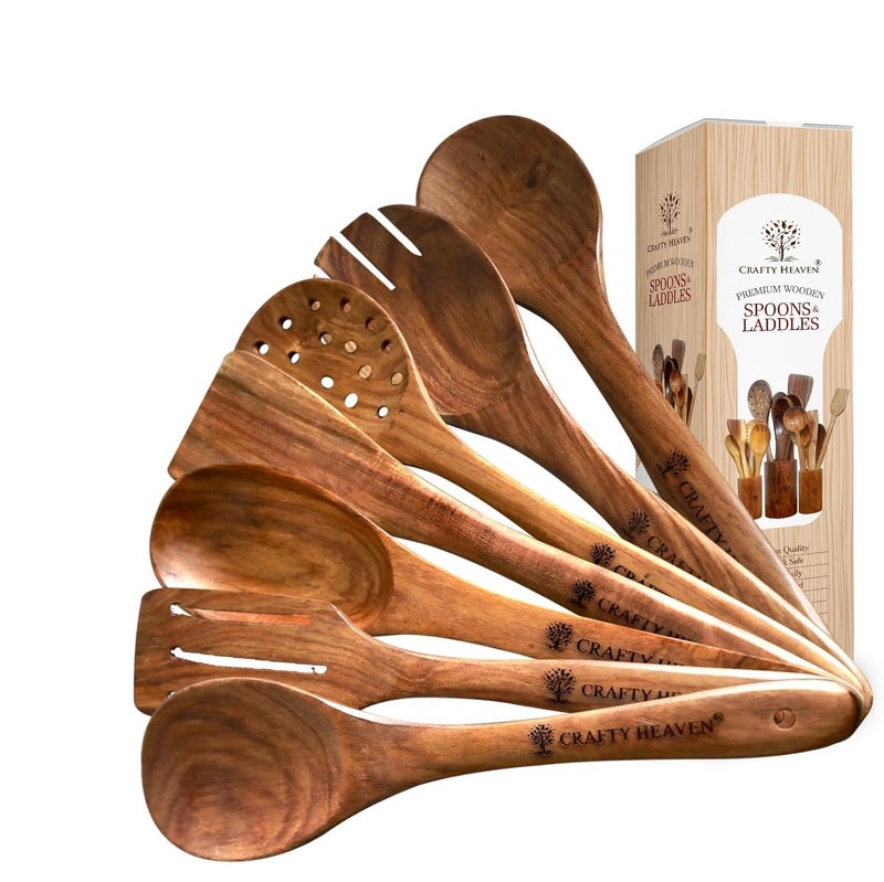 Crafty Heaven Sheesham Wooden Cooking Spoons Durable Elegant Wooden Collection Kitchen Utensils Include Frying Serving Spatula Chapati Rice Spoons Ideal for Gifting Set of 7 - Image 1
