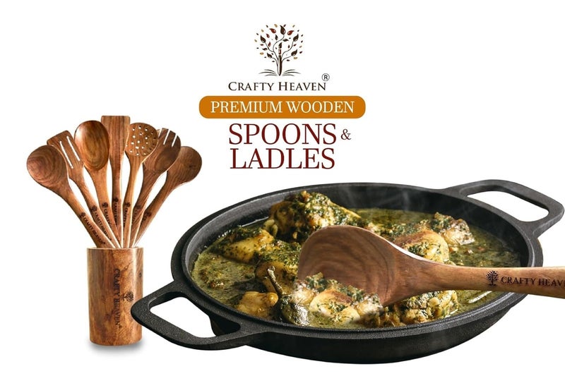 Crafty Heaven Sheesham Wooden Cooking Spoons Durable Elegant Wooden Collection Kitchen Utensils Include Frying Serving Spatula Chapati Rice Spoons Ideal for Gifting Set of 7 - Image 4
