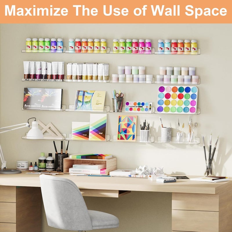 upsimples 14 Pack Acrylic Shelves Wall Organizer and Storage, 15" Display Shelf for Figure, Toy Cars, Perfume, Kids Bookshelf for Bedroom, Nursery, Craft Room, Clear - Image 4