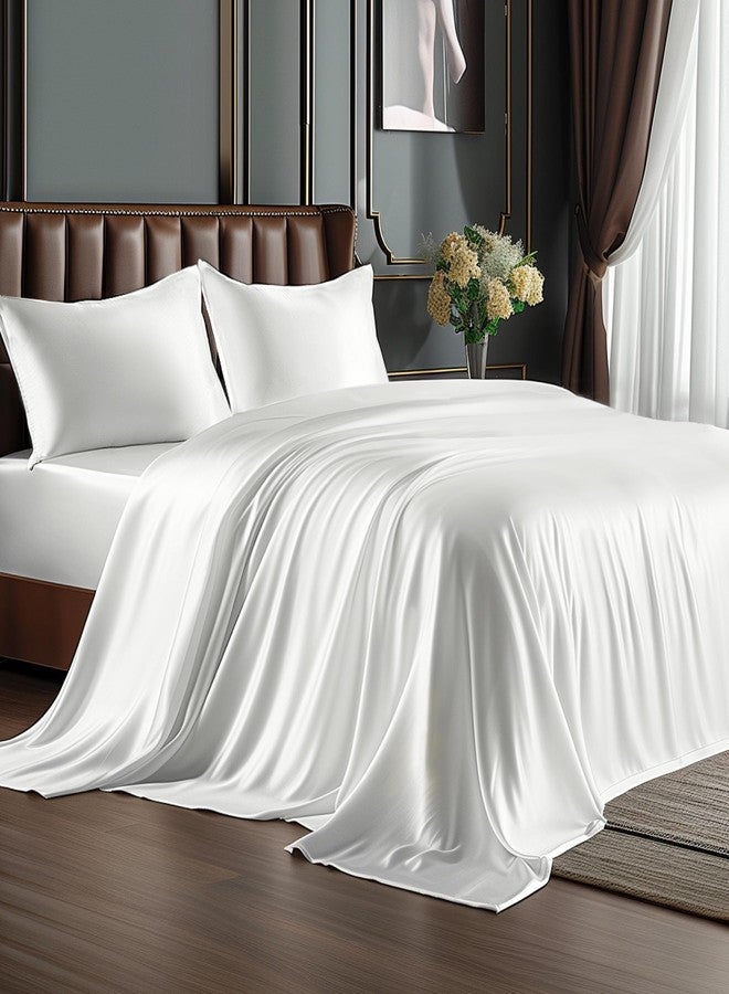 BEDELITE King Size Sheets Set, Luxury Soft White Satin Sheets for Hair and Skin, Similar to Silk Bed Sheets Set 4 Pieces with 1 Deep Pocket Fitted Sheet, 1 Flat Sheet, and 2 Pillowcases - Image 1
