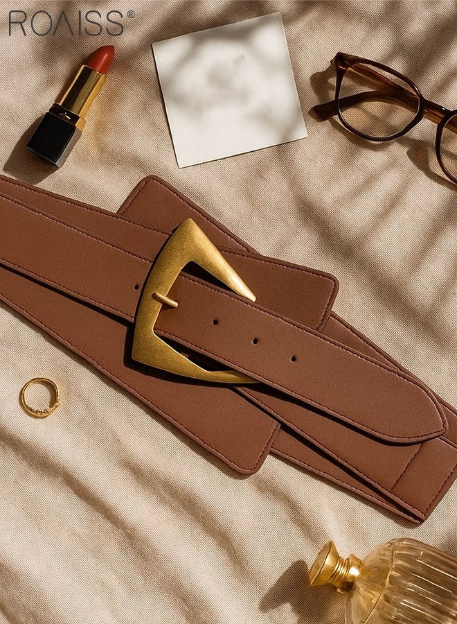 رويس حزام خصر عريض بتصميم كلاسيكي للنساء، مناسب للفساتين والجينز والكنزات، مصنوع من الجلد، مزود بإبزيم ذهبي، لون بني، إكسسوار أنيق وعصري لإطلالاتك اليومية وللتنقل. - Image 2