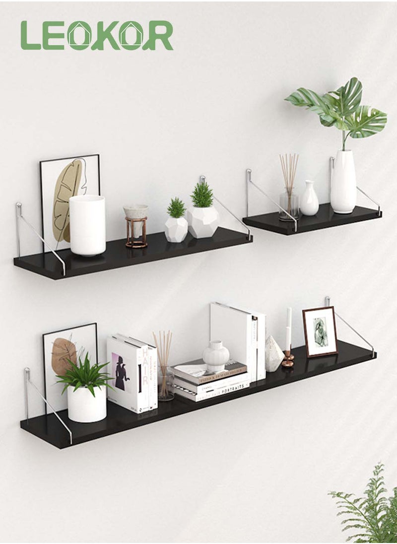 LEOKOR - Floating Shelves 3 Set, Wood Floating Wall Shelf with Metal Brackets, Farmhouse Small Book Shelf for Wall, Bedroom, Living Room, Bathroom and Plants (Black 30cm 60cm 90cm) - Image 1