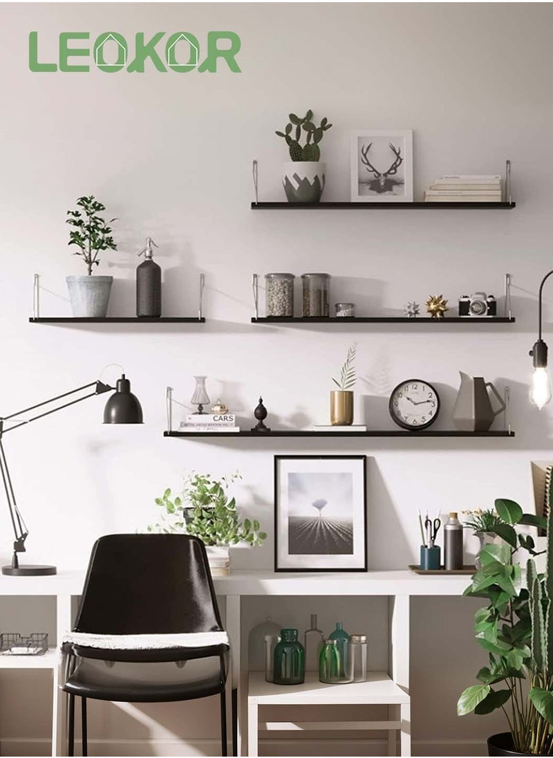 LEOKOR - Floating Shelves 3 Set, Wood Floating Wall Shelf with Metal Brackets, Farmhouse Small Book Shelf for Wall, Bedroom, Living Room, Bathroom and Plants (Black 30cm 60cm 90cm) - Image 1