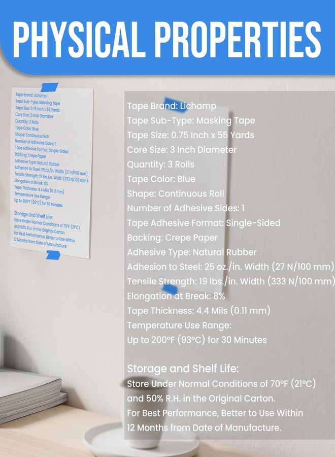 Lichamp مجموعة من 3 أشرطة لاصقة للرسامين باللون الأزرق من Lichamp، مقاس 3/4 بوصة، وشريط لاصق أزرق مقاس 0.75 بوصة × 55 ياردة × 3 لفات (إجمالي 165 ياردة) - Image 5