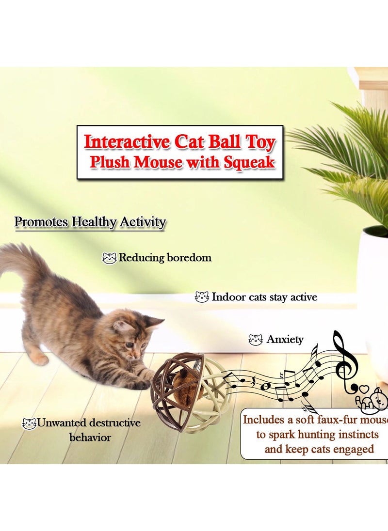 MAJIBAO - Interactive cat toy with Plush mouse, Cat toy ball with Squeaker and Durable plastic, Cat Hunting ball toy for Indoor cat, Kitten to Adult, Cat Self-Play Toy, Lightweight & 11 cm (Brown) - Image 1