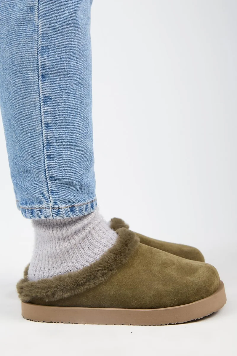 Manijero Manijero (Jana Furry) Women's Genuine Leather Flat Platform Khaki Slippers