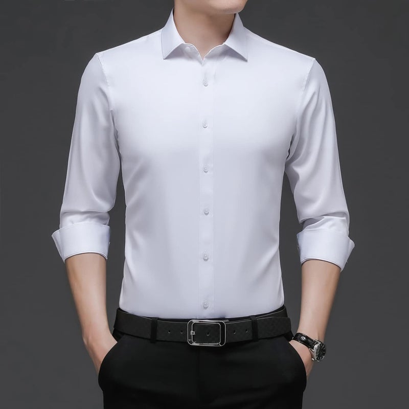 woobles Men High-Stretch Non-iron Anti-wrinkle Shirt Long Sleeve Business Standard Shirt B - Image 2