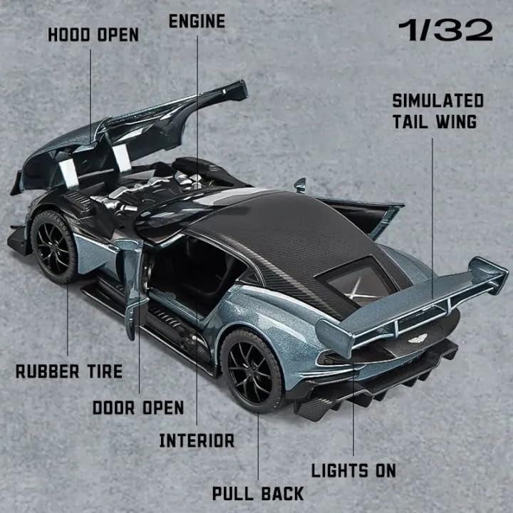 Invite Enterprise Invite 1:32 Aston-Martin Vulcan Die-Cast Metal Pull Back Car | Alloy Toy Car with Openable Doors, Hood & Engine | Light & Sound | Collectible Model Car for Kids & Adults (Black) - Image 2