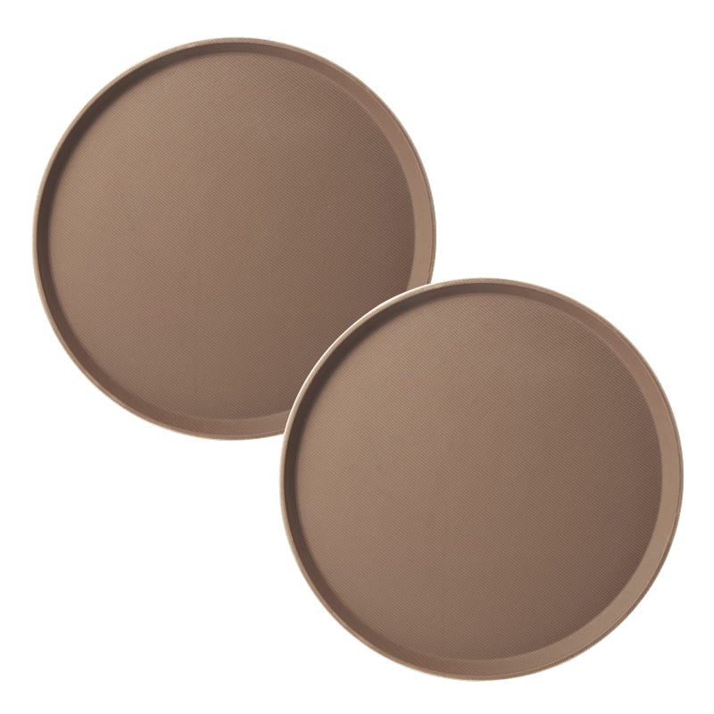 CURTA 2Pack Restaurant Grade NonSlip Tray NSF 16 Inch Plastic Rubber Lined AntiSkid Round Serving Tray Brown