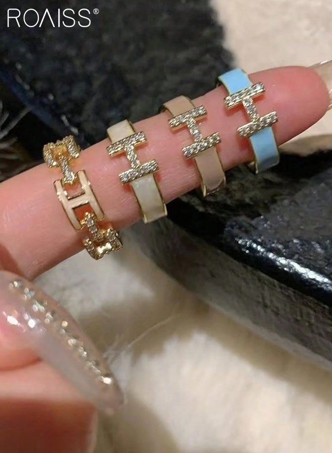رويس مجموعة من 4 خواتم قابلة للتعديل على شكل حرف مع تصميم هندسي بسيط من حجر الزركونيا المكعب المتلألئ، خواتم فاخرة قابلة للتكديس عتيقة للنساء للارتداء اليومي والحفلات - Image 4