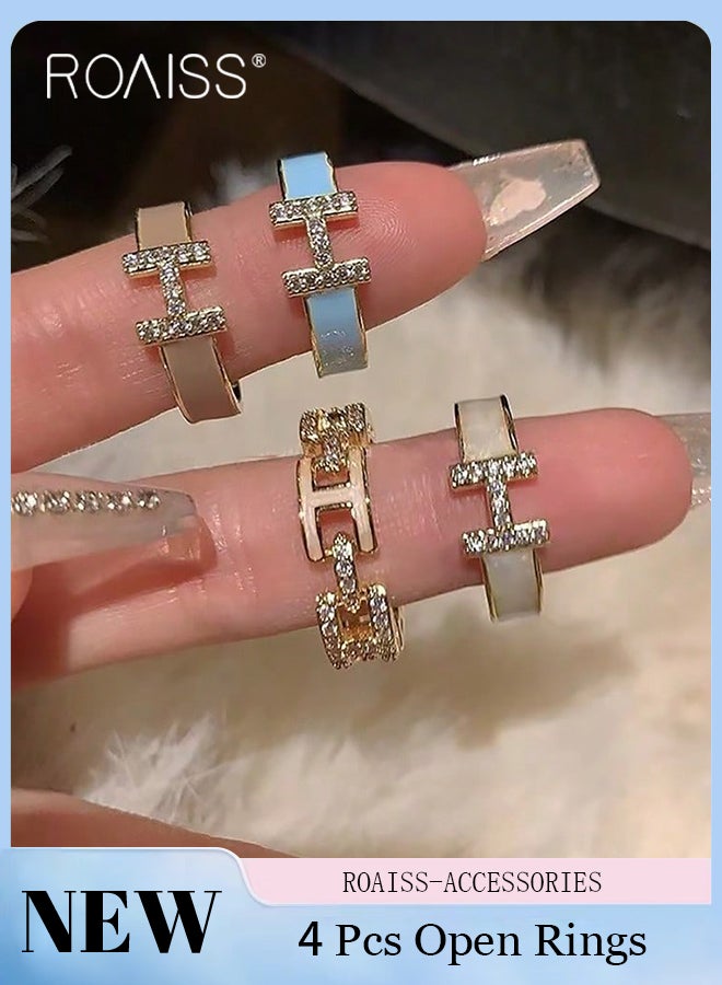 رويس مجموعة من 4 خواتم قابلة للتعديل على شكل حرف مع تصميم هندسي بسيط من حجر الزركونيا المكعب المتلألئ، خواتم فاخرة قابلة للتكديس عتيقة للنساء للارتداء اليومي والحفلات - Image 1