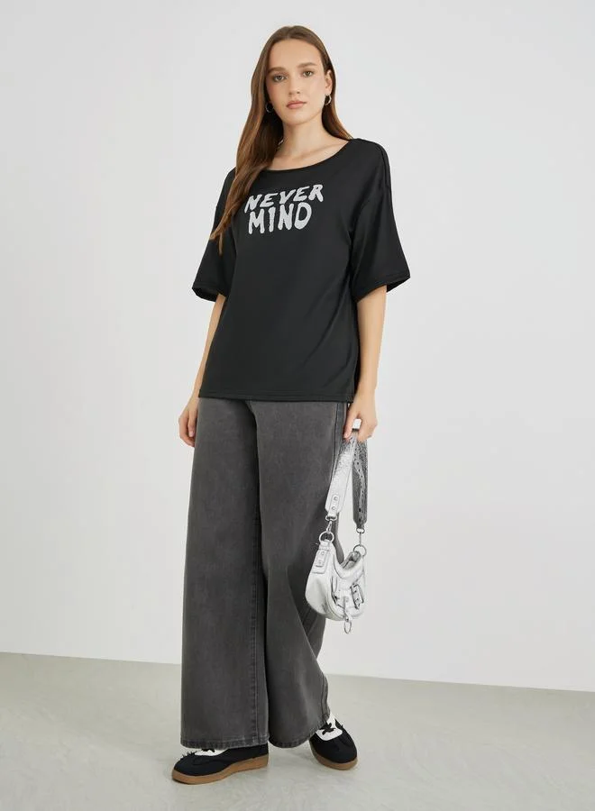 تايك تو Take Two Slogan Print Regular Fit T-Shirt