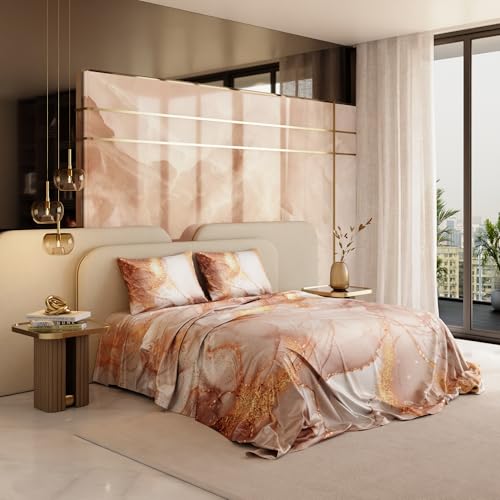 Stoa Paris 300TC UltraSatin Super Size Bedsheet with 2 Pillow Covers, 274cm x 274cm Ideal for King & Double Bed, Gentle on Skin & Hair, Fade & Wrinkle Resistant, Quick Dry, Louvre - Champagne, Gold - Image 1