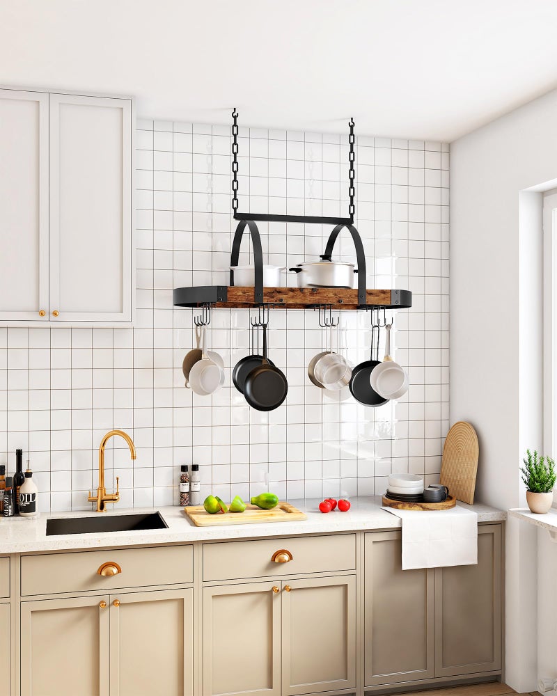CHOEZON Hanging Pot Rack, Pot Hanger for Kitchen, Ceiling Mounted Pot Holder, Cookware Organizer with 12 S-Shaped Hooks, for Pot, Pan Storage, Space-Saving, Rustic Brown and Black TPR08BFC1 - Image 2