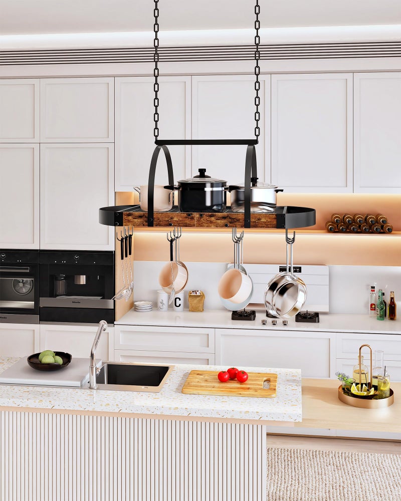 CHOEZON Hanging Pot Rack, Pot Hanger for Kitchen, Ceiling Mounted Pot Holder, Cookware Organizer with 12 S-Shaped Hooks, for Pot, Pan Storage, Space-Saving, Rustic Brown and Black TPR08BFC1 - Image 3