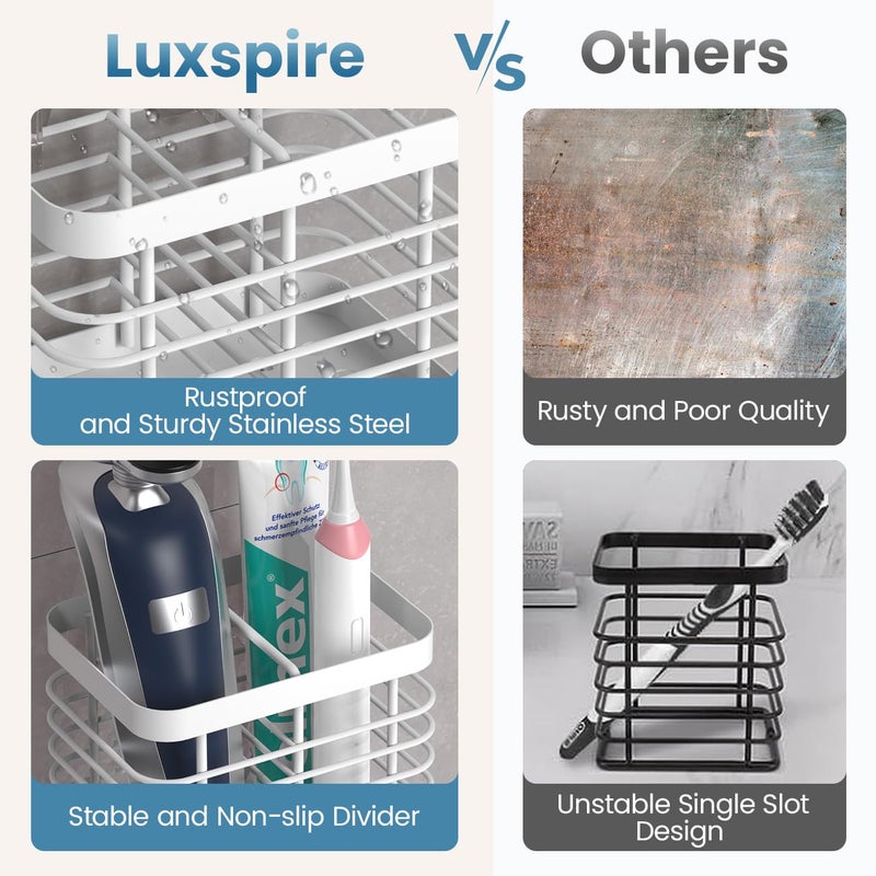 Luxspire Toothbrush Holders For Bathroom  Stainless Steel Electric Toothbrush Holder Wall Mounted  Shower Toothbrush Toothpaste Holder  Bathroom Organizer Essentials  2 Slots  White - Image 4
