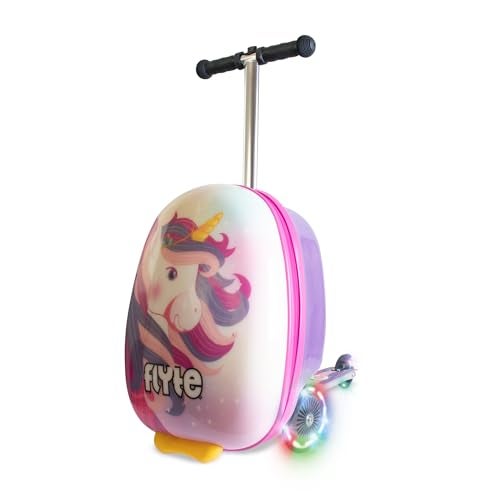 FLYTE Scooter Suitcase Folding Kids Luggage – Luna the Unicorn, 18 Inch Hardshell, Ride On with Wheels, 2-in-1, 25 Litre Capacity - Image 1