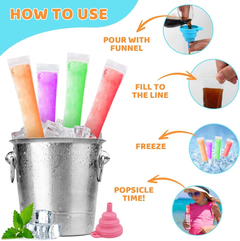 Wercokt 100 Disposable Ice Popsicle Mold Bags 4 Popsicle Holder Comes With A Funnel, BPA Free Freezer Tubes, Healthy Snack Yogurt Stick Juice Fruit Smoothies Ice Freezing Sleeves for Kids (Multicolor-1) - Image 3