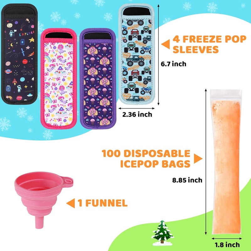 Wercokt 100 Disposable Ice Popsicle Mold Bags 4 Popsicle Holder Comes With A Funnel, BPA Free Freezer Tubes, Healthy Snack Yogurt Stick Juice Fruit Smoothies Ice Freezing Sleeves for Kids (Multicolor-1) - Image 2