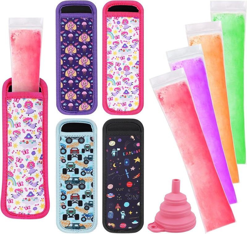 Wercokt 100 Disposable Ice Popsicle Mold Bags 4 Popsicle Holder Comes With A Funnel, BPA Free Freezer Tubes, Healthy Snack Yogurt Stick Juice Fruit Smoothies Ice Freezing Sleeves for Kids (Multicolor-1) - Image 1