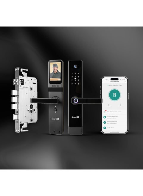 SmartiQo E1 Pro Smart Door Lock with Camera 5Way Unlocking 5 Bolts Remote Unlocking via OTP Fingerprint PIN Access Card Mobile App Mechanical Key 2 Years Brand Warranty Black