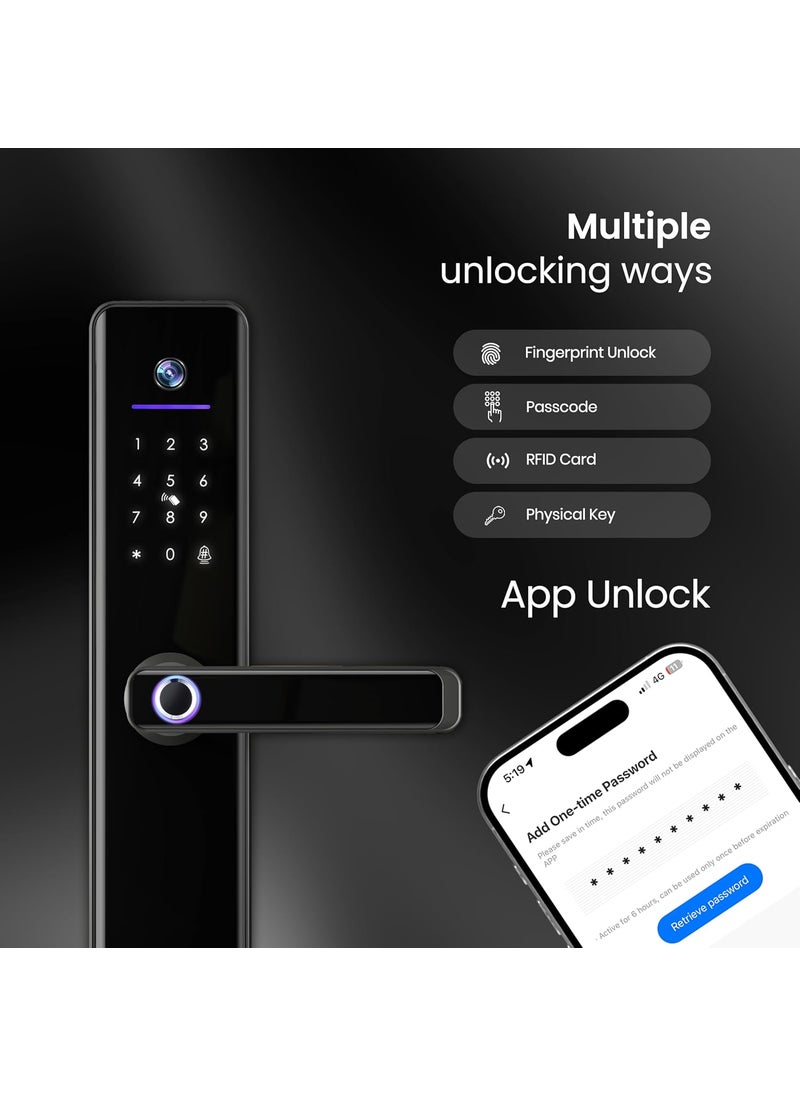 SmartiQo E1 Pro Smart Door Lock with Camera 5Way Unlocking 5 Bolts Remote Unlocking via OTP Fingerprint PIN Access Card Mobile App Mechanical Key 2 Years Brand Warranty Black