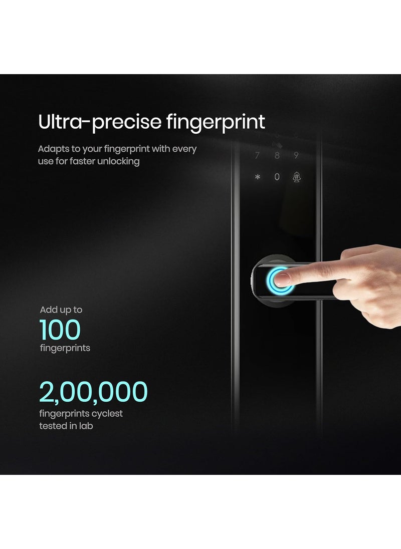 SmartiQo E1 Pro Smart Door Lock with Camera 5Way Unlocking 5 Bolts Remote Unlocking via OTP Fingerprint PIN Access Card Mobile App Mechanical Key 2 Years Brand Warranty Black