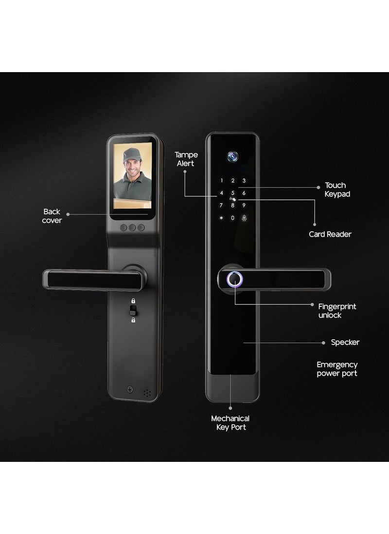 SmartiQo E1 Pro Smart Door Lock with Camera 5Way Unlocking 5 Bolts Remote Unlocking via OTP Fingerprint PIN Access Card Mobile App Mechanical Key 2 Years Brand Warranty Black