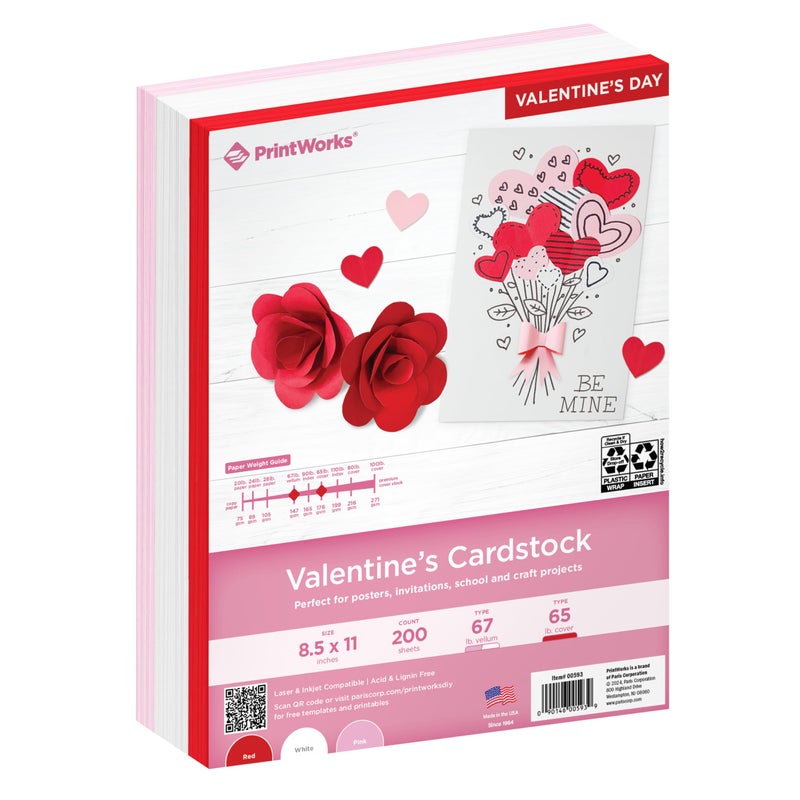 PrintWorks Valentine Cardstock 8.5" x 11" - 200 Sheets - 3 Assorted Colors (Red, Pink, & White) - Ideal for School & Craft Projects - 67 lb/147 gsm & 65 lb/176 gsm - Made in the USA (00593) - Image 1