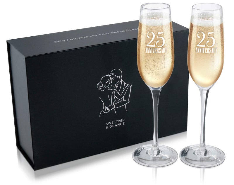 نظارات سويتزر البرتقالية بمناسبة الذكرى الخامسة والعشرين للزواج مجموعة من 2 كأس شمبانيا للزوج والزوجة سعة 8 أونصات كؤوس شمبانيا محفورة هدية للأزواج المتزوجين
