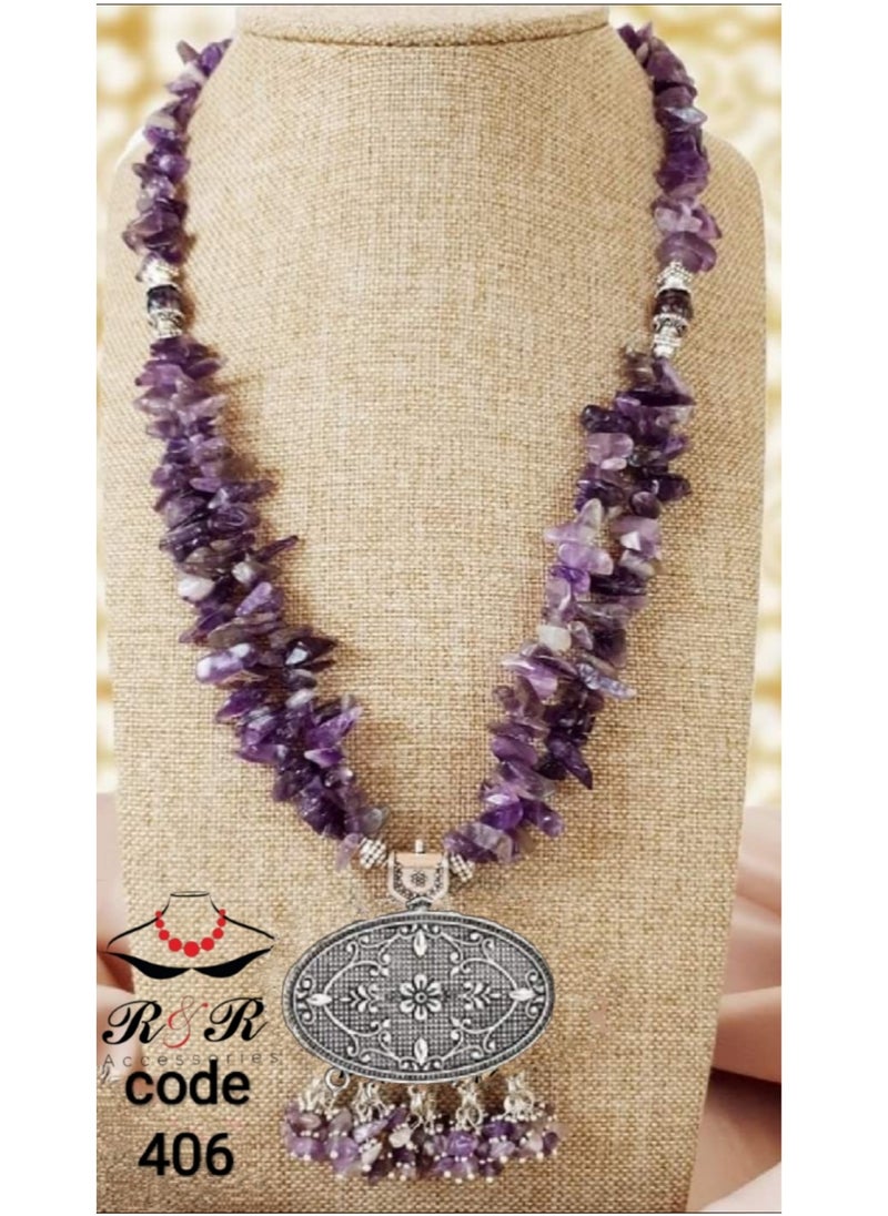R&R - Women's necklace with two rounds of broken natural agate in mauve colors - Image 1