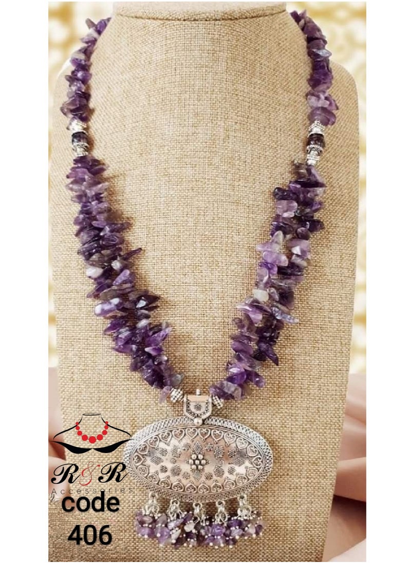 R&R - Women's necklace with two rounds of broken natural agate in mauve colors - Image 1