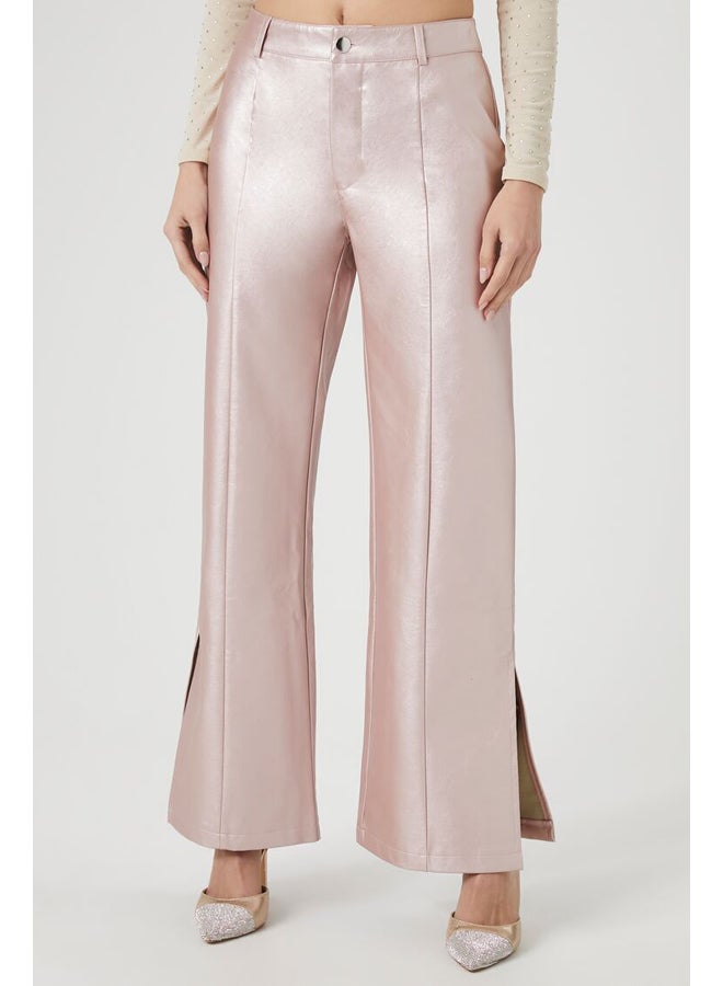 FOREVER 21 بنطال واسع الساق من الجلد الصناعي المعدني - Image 4