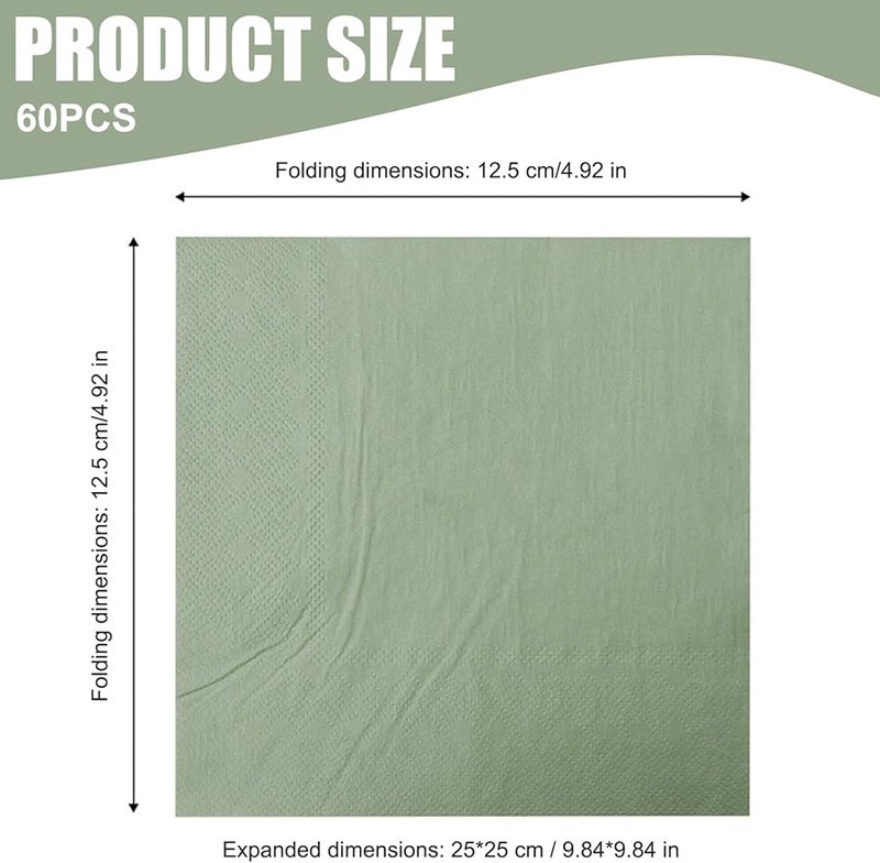 مناديل كوكيل قابلة للتخلص من اللون الأخضر المريمية 60 قطعة مقاس 9.8 × 9.8 بوصة لحفلات الزفاف والعشاء - Image 5