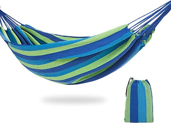 Besillia Besillia Hammock 280 100 cm Outdoor Cotton Large Durable Hammock Load Capacity up to 150 kgPortable Hammocks with Carry Bag for Patio Yard Garden1 Person Blue  - Image 1
