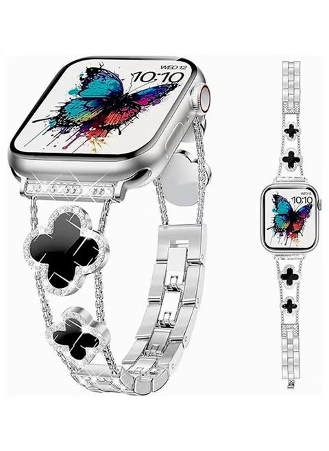 Apple Watch Band Compatible with 42mm(Series 10)/41mm/40mm/38mm Stainless Steel Metal Wristband - Bling Diamond Band Cute Lucky Clover Dressy iWatch Strap,Silver/Black