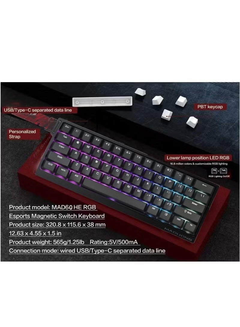 مادليونس لوحة مفاتيح ميكانيكية MAD 60 HE RGB ولوحة مفاتيح للألعاب ولوحة مفاتيح مغناطيسية ولوحة مفاتيح سلكية سريعة التشغيل مع تشغيل قابل للتعديل بنسبة 60% بتأثير هول، ومعدل استطلاع 8 كيلو هرتز، وأغطية مفاتيح PBT، وإضاءة RGB 16 مليون لون (أسود، مفتاح احترافي كهرماني مغناطيسي) - Image 5