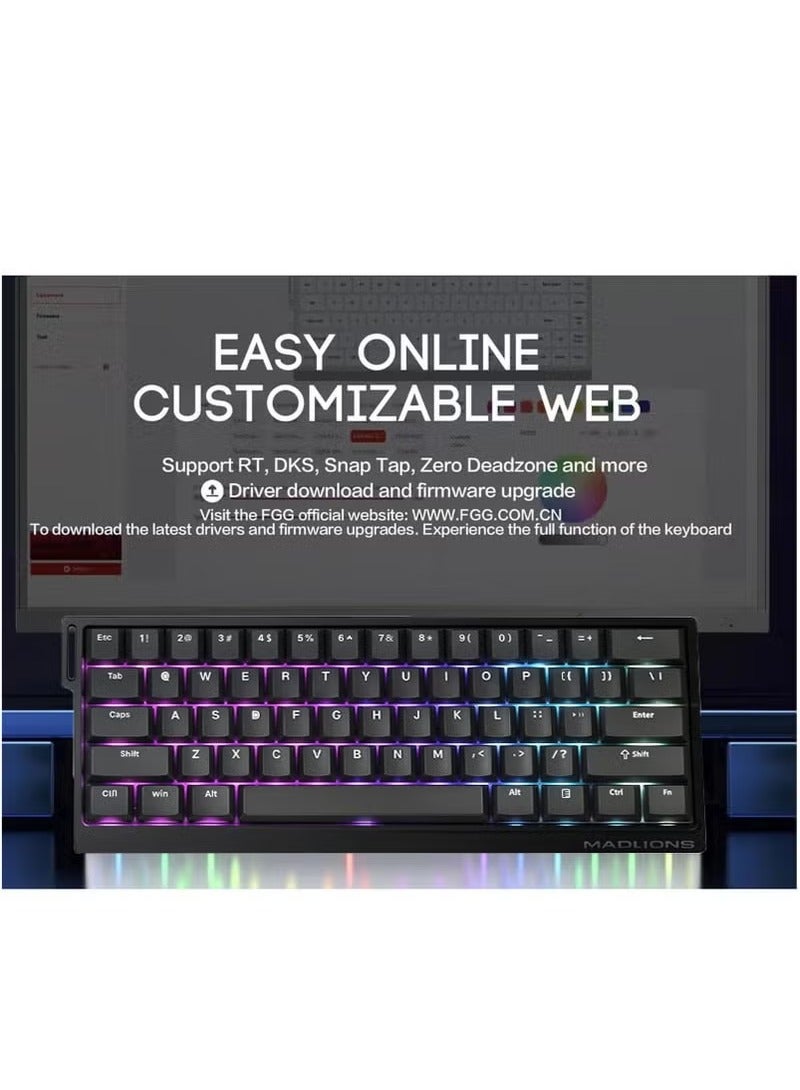 مادليونس لوحة مفاتيح ميكانيكية MAD 60 HE RGB ولوحة مفاتيح للألعاب ولوحة مفاتيح مغناطيسية ولوحة مفاتيح سلكية سريعة التشغيل مع تشغيل قابل للتعديل بنسبة 60% بتأثير هول، ومعدل استطلاع 8 كيلو هرتز، وأغطية مفاتيح PBT، وإضاءة RGB 16 مليون لون (أسود، مفتاح احترافي كهرماني مغناطيسي) - Image 4