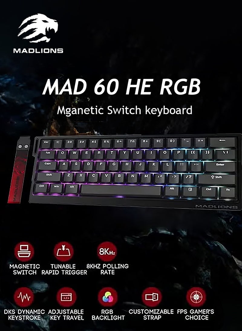 مادليونس لوحة مفاتيح ميكانيكية MAD 60 HE RGB ولوحة مفاتيح للألعاب ولوحة مفاتيح مغناطيسية ولوحة مفاتيح سلكية سريعة التشغيل مع تشغيل قابل للتعديل بنسبة 60% بتأثير هول، ومعدل استطلاع 8 كيلو هرتز، وأغطية مفاتيح PBT، وإضاءة RGB 16 مليون لون (أسود، مفتاح احترافي كهرماني مغناطيسي) - Image 2