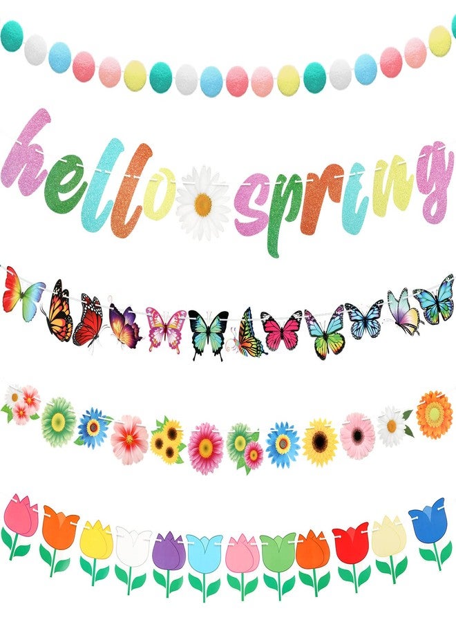 Teling 5 Pcs Spring Garland Decorations Hello Spring Banner Spring Felt Pompom Ball Garlands Daisy Tulips Butterfly Flower Decorations Hanging Spring Decoration for Birthday Easter Party Supplies Decor - Image 1