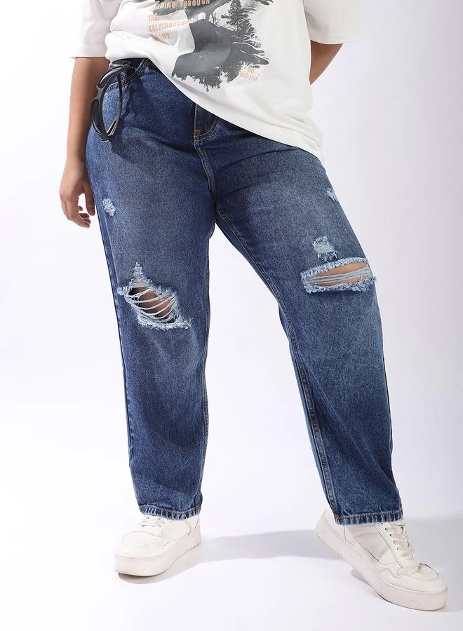 هاي ستار جينز نسائي بقصة أمي مريحة وخصر مرتفع بتأثير باهت