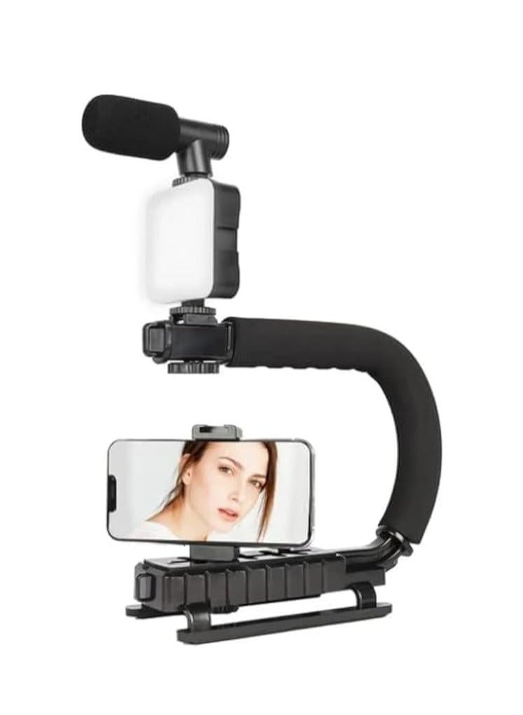 مجموعة تصوير فيديو لليوتيوب – مثبت يدوي محمول على شكل حرف U مع إضاءة ليد، ميكروفون بندقية، حامل هاتف وحامل ثلاثي قابل للتمديد - Image 1