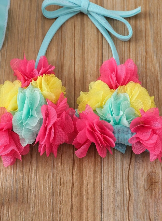 Yccutest Infant Baby Girl Flower Swimsuit 3Pcs Halter Triangle Tops Ruffle Bottoms Sun Hat Bikini Set Bathing Suit Swimwear (Blue,6-12 Months) - Image 2