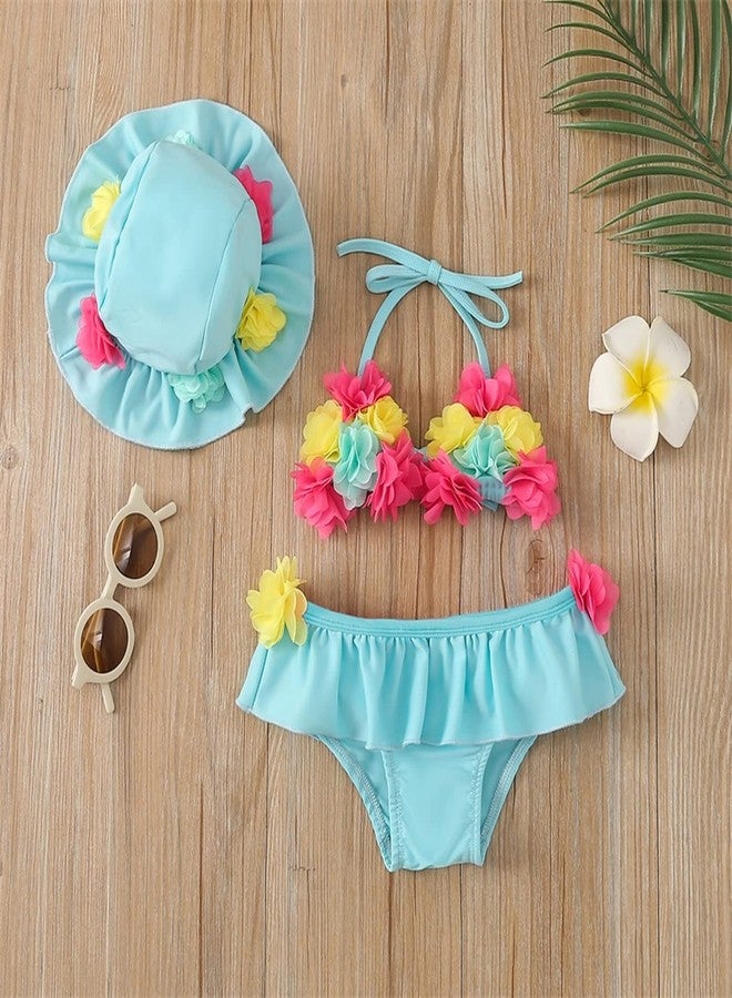 Yccutest Infant Baby Girl Flower Swimsuit 3Pcs Halter Triangle Tops Ruffle Bottoms Sun Hat Bikini Set Bathing Suit Swimwear (Blue,6-12 Months) - Image 3